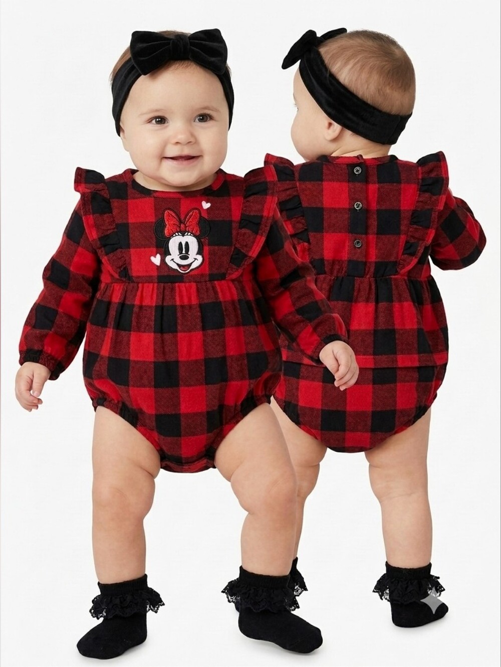 NEW Disney Minnie Mouse Baby Red Buffalo Plaid Flannel Bodysuit Pajama One-Piece